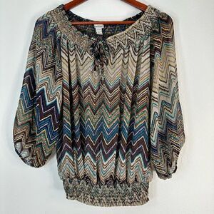 Poetry Boho Chevron Top Multicolored Chiffon Womens Large Smocked Trim